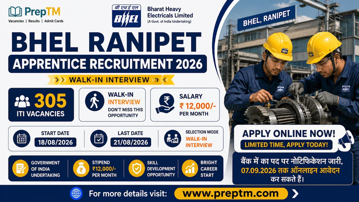 BHEL Ranipet Apprentice Recruitment 2026: 305 ITI Vacancies, Walk-in Interview